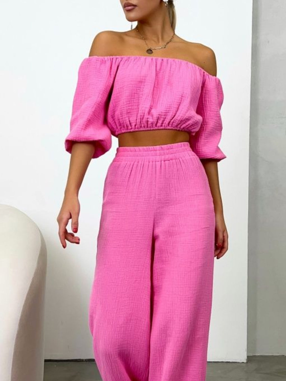 OFF THE SHOULDER LONG SLEEVE TOP AND PANTS SET