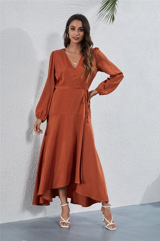 V NECK LONG SLEEVE MAXI DRESS