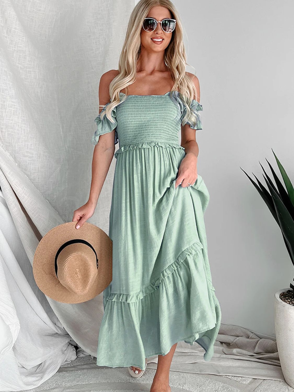 FRILL SMOCKED OFF THE SHOULDER RUFFLE SLEEVE DRESS