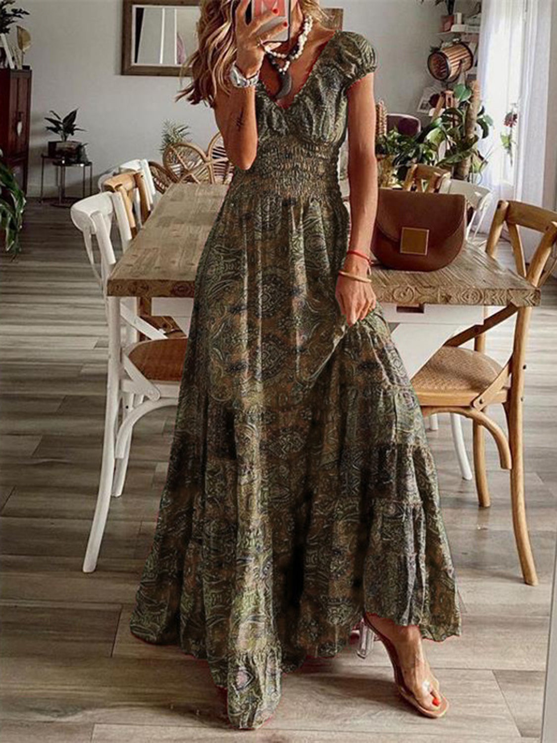 SMOCKED PRINTED V-NECK SHORT SLEEVE DRESS
