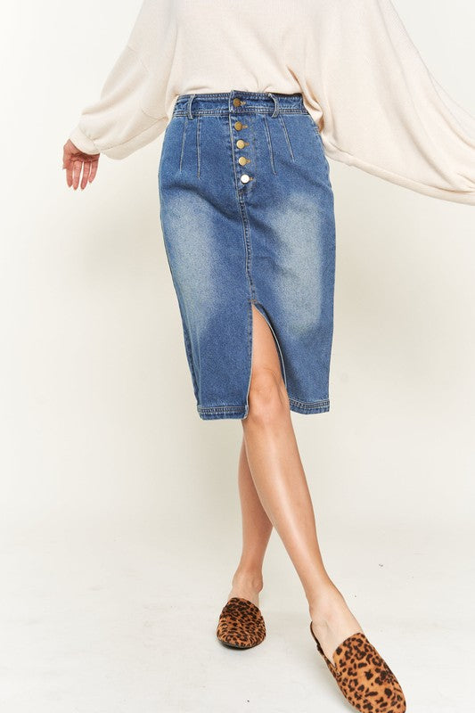 BUTTON DOWN DENIM MIDI SKIRT
