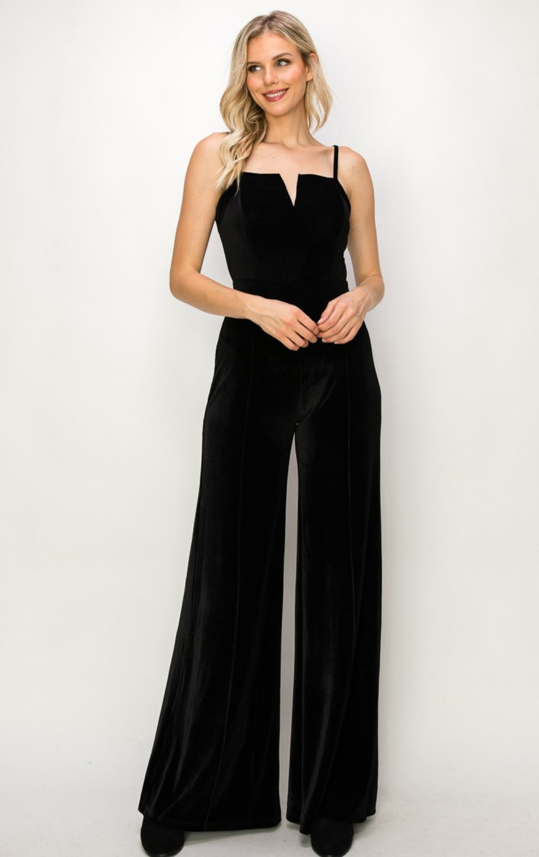 STRUCTURED V TRIM VELVET JUMPSUIT