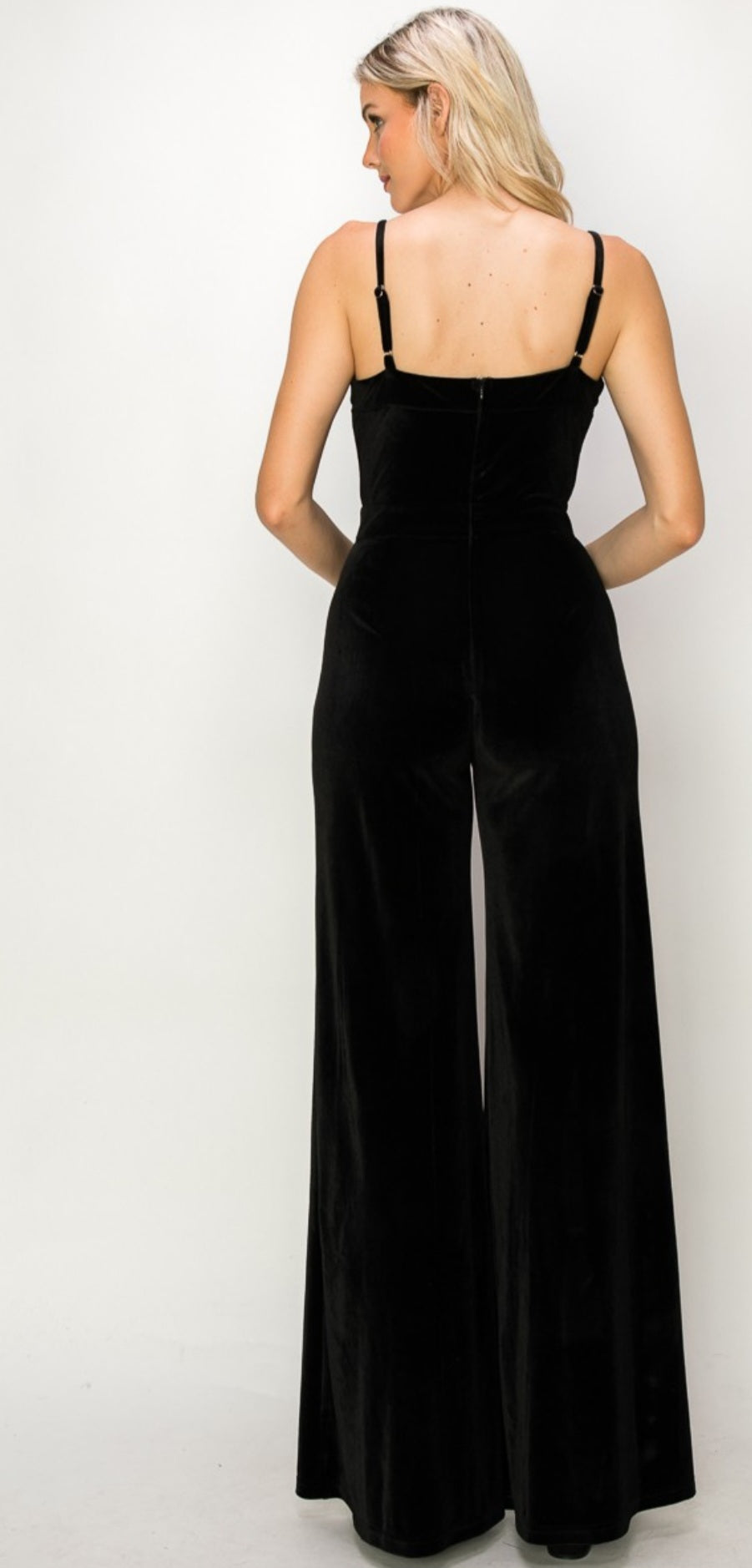 STRUCTURED V TRIM VELVET JUMPSUIT