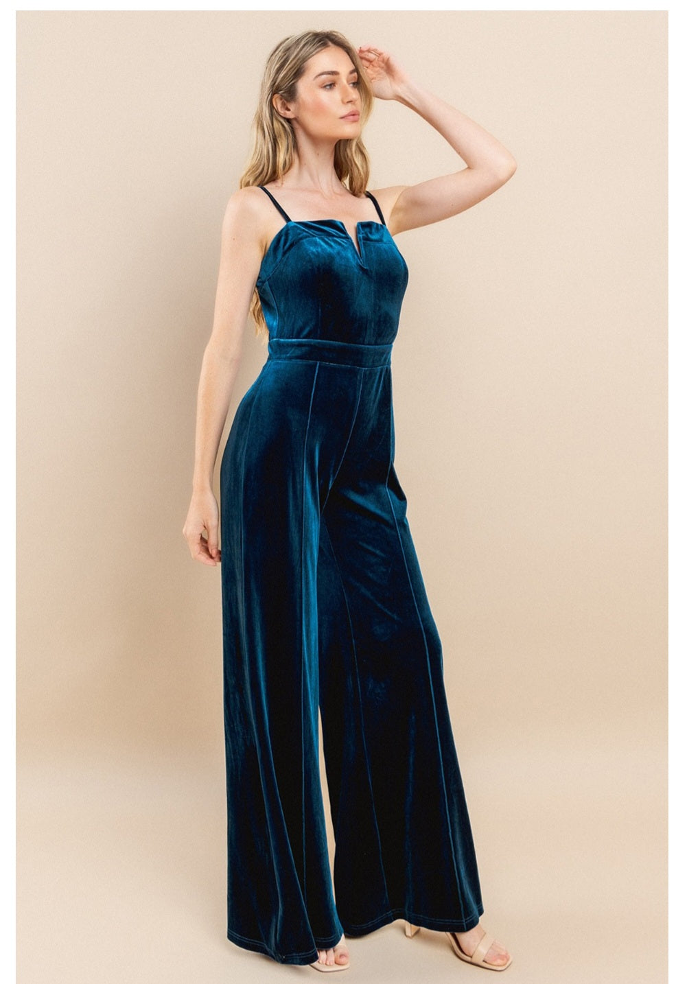 STRUCTURED V TRIM VELVET JUMPSUIT