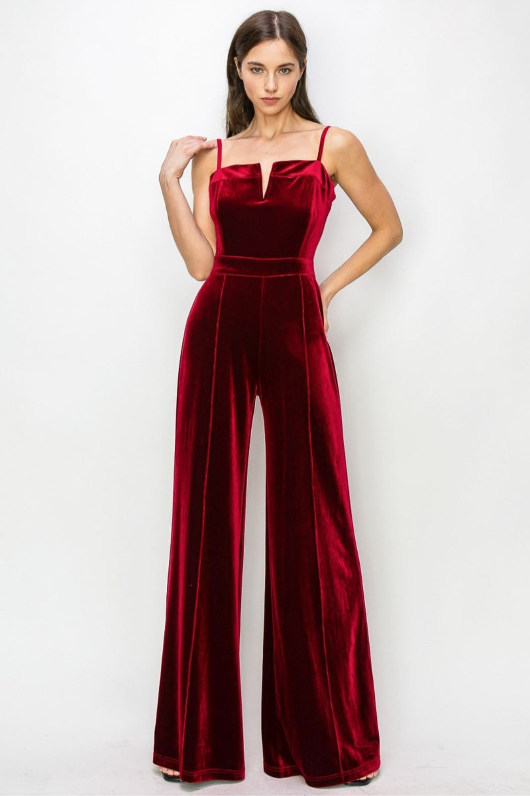 STRUCTURED V TRIM VELVET JUMPSUIT