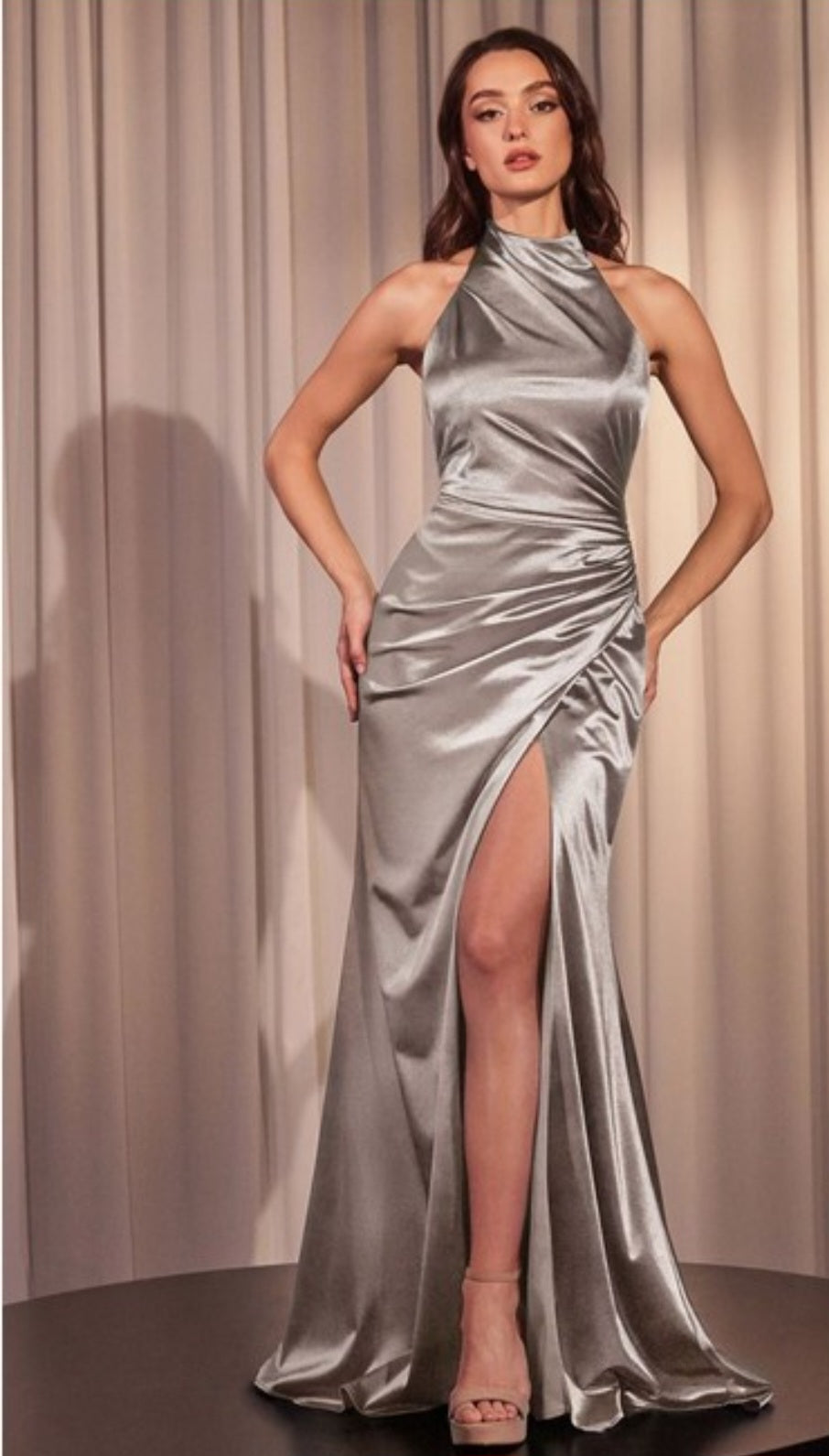 MOCK NECK FAUX WRAP SATIN GOWN