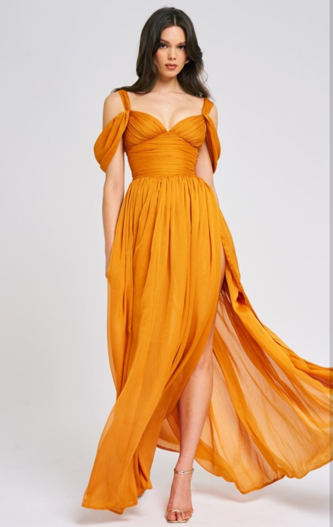 MISS CIRCLE JELANI MESH HIGH SLIT DRAPE MAXI DRESS