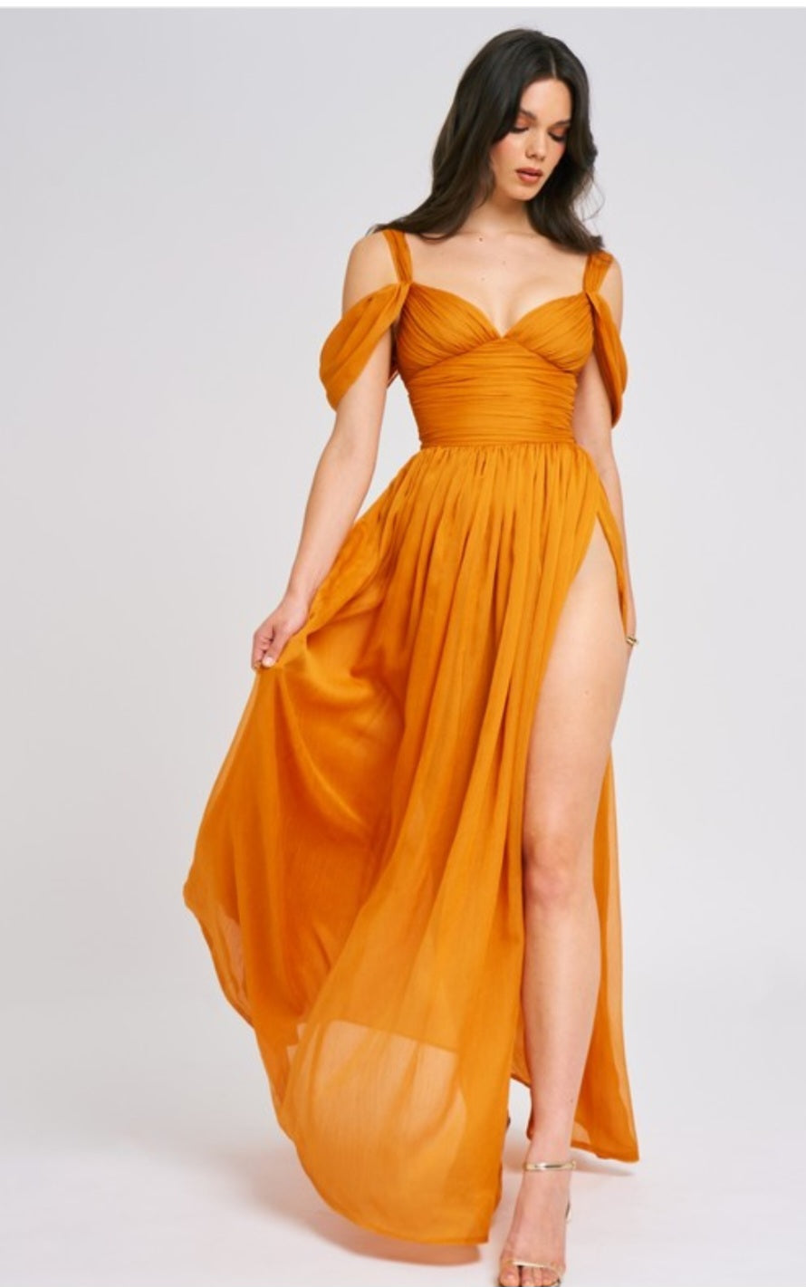 MISS CIRCLE JELANI MESH HIGH SLIT DRAPE MAXI DRESS