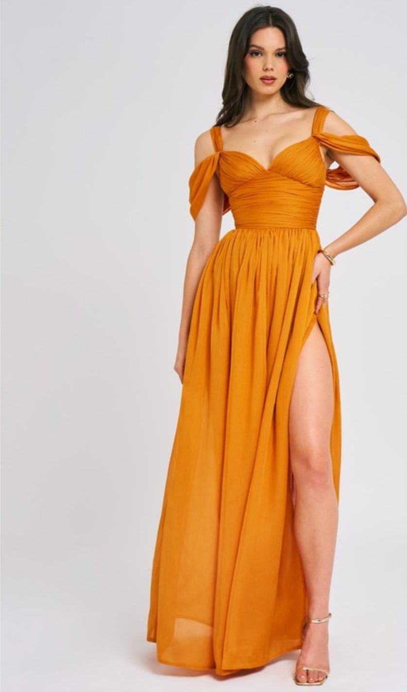 MISS CIRCLE JELANI MESH HIGH SLIT DRAPE MAXI DRESS