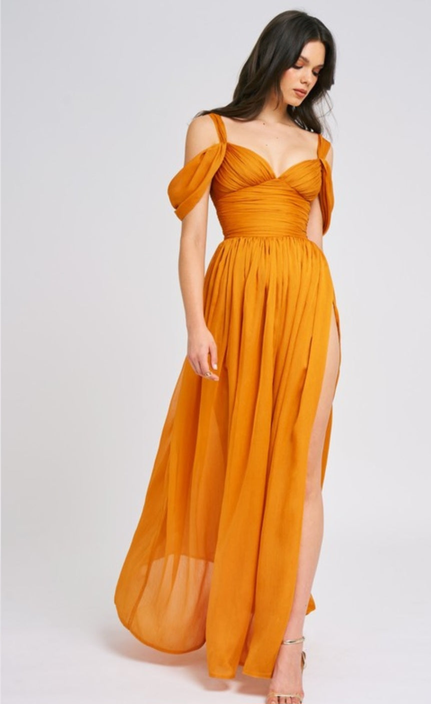 MISS CIRCLE JELANI MESH HIGH SLIT DRAPE MAXI DRESS