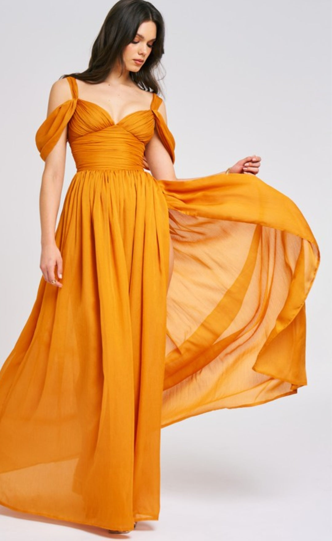 MISS CIRCLE JELANI MESH HIGH SLIT DRAPE MAXI DRESS