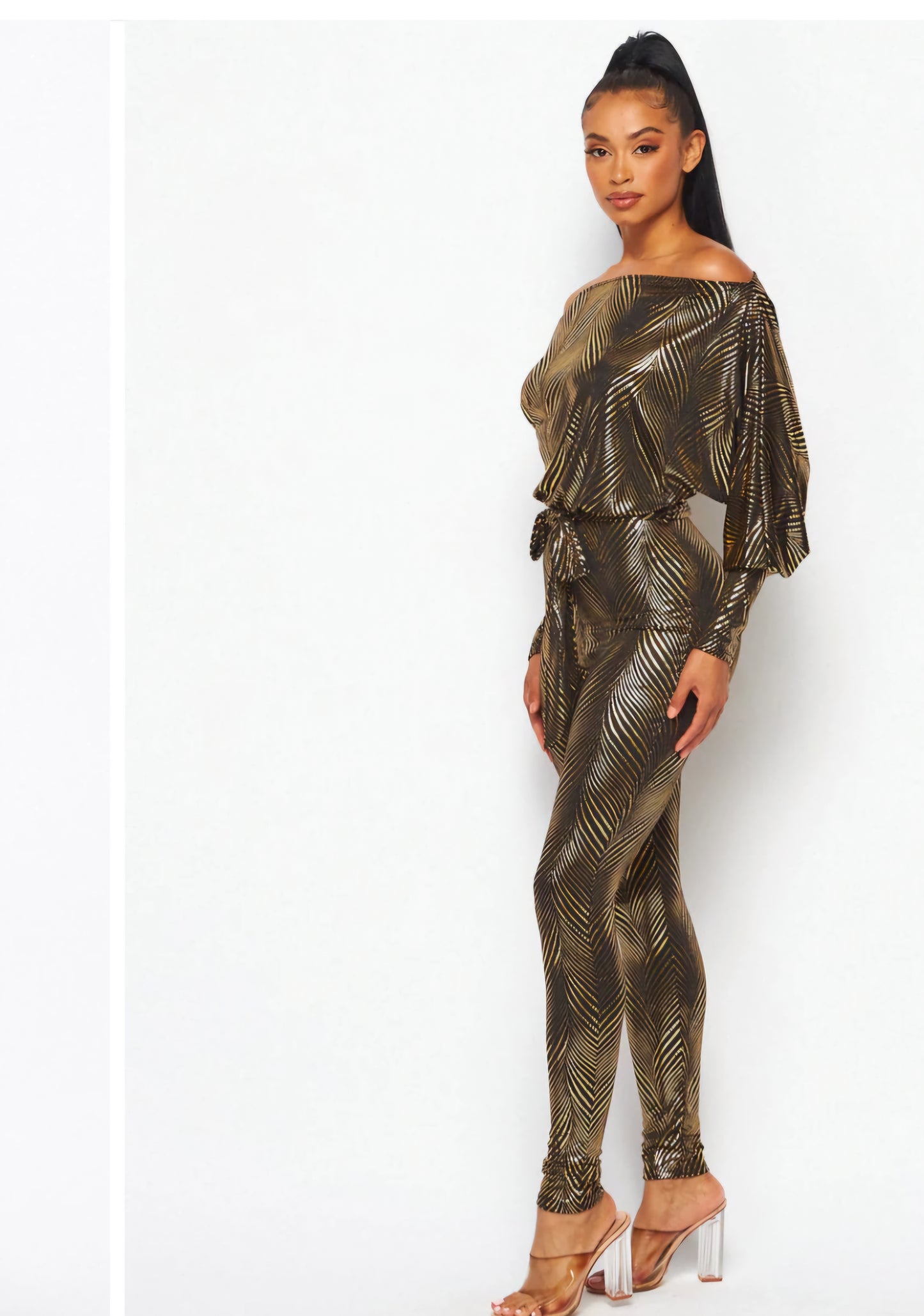 OFF THE SHOULDER LONG SLEEVE SHIMMER JUMPSUIT