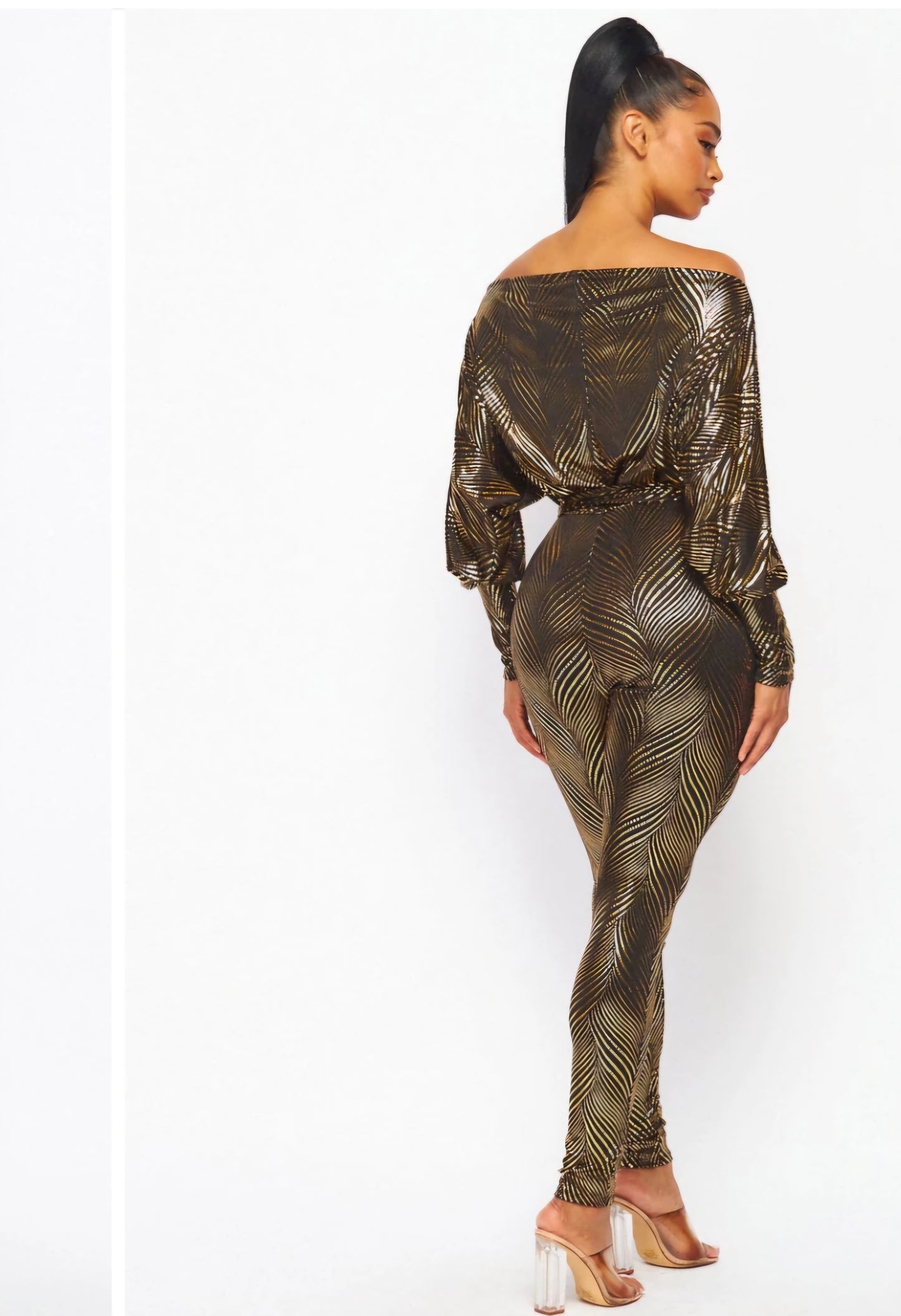 OFF THE SHOULDER LONG SLEEVE SHIMMER JUMPSUIT