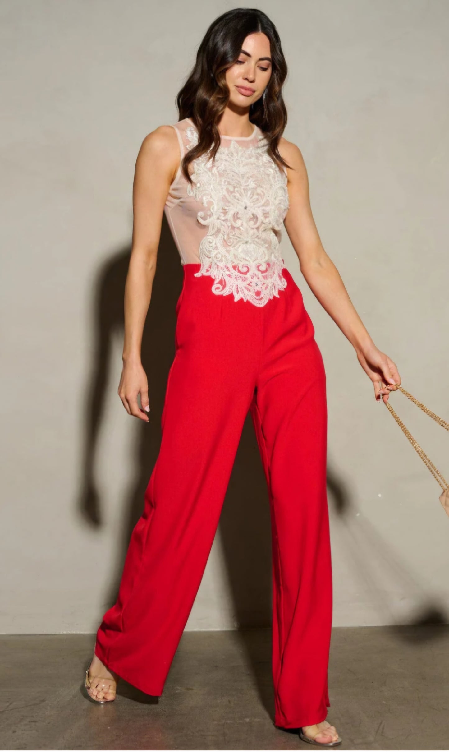 SLEEVELESS MESH EMBROIDERED WIDE LEG JUMPSUIT