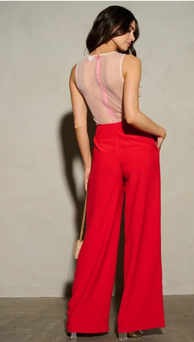 SLEEVELESS MESH EMBROIDERED WIDE LEG JUMPSUIT
