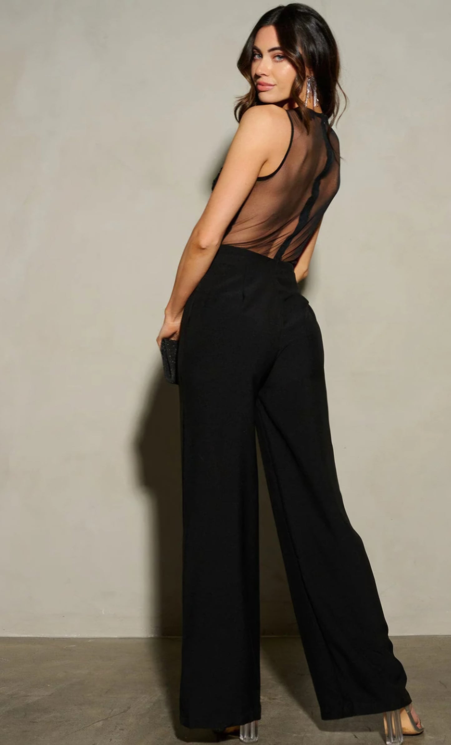 SLEEVELESS MESH EMBROIDERED WIDE LEG JUMPSUIT