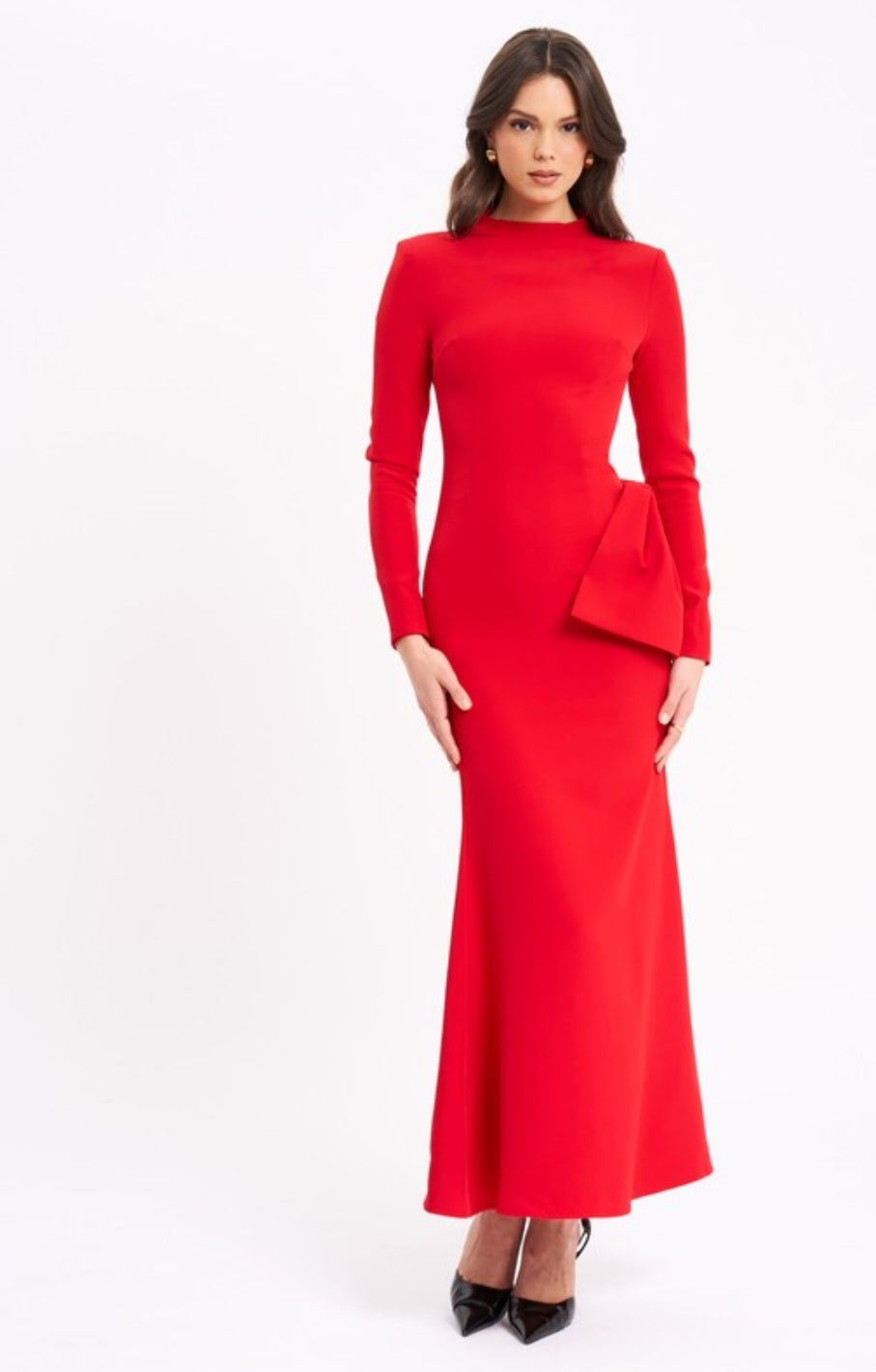 MISS CIRCLE RADHA LONG SLEEVE BACKLESS MAXI DRESS WITH BOW