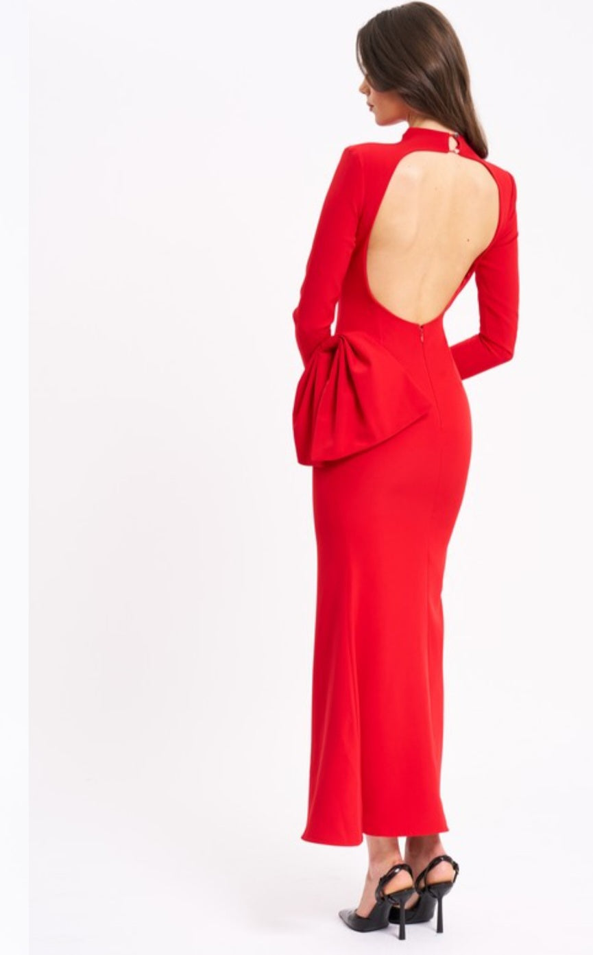 MISS CIRCLE RADHA LONG SLEEVE BACKLESS MAXI DRESS WITH BOW