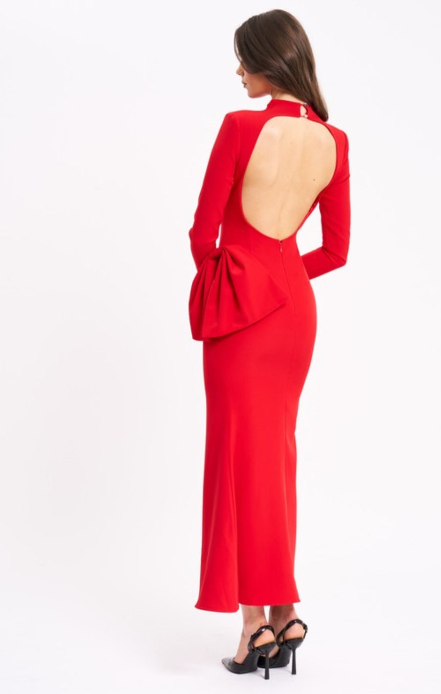 MISS CIRCLE RADHA LONG SLEEVE BACKLESS MAXI DRESS WITH BOW