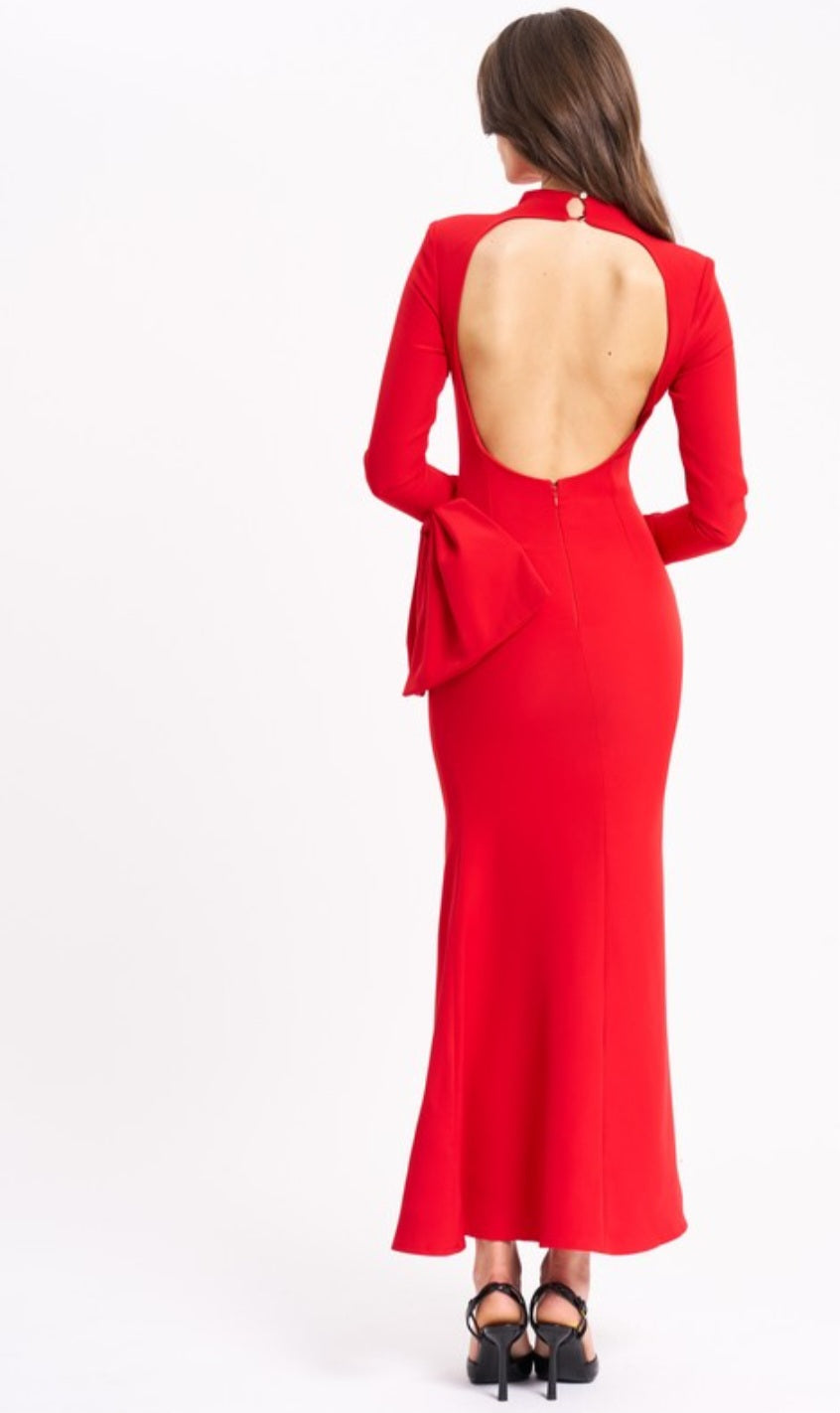 MISS CIRCLE RADHA LONG SLEEVE BACKLESS MAXI DRESS WITH BOW