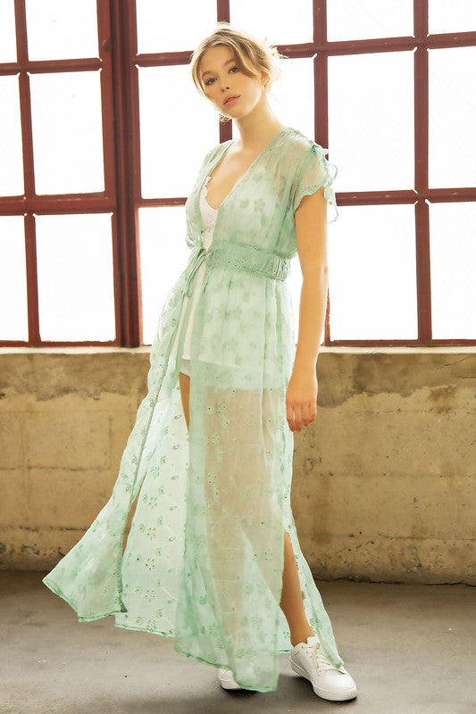 CHIFFON EMBROIDERY LACE KIMONO DUSTER COVER-UP