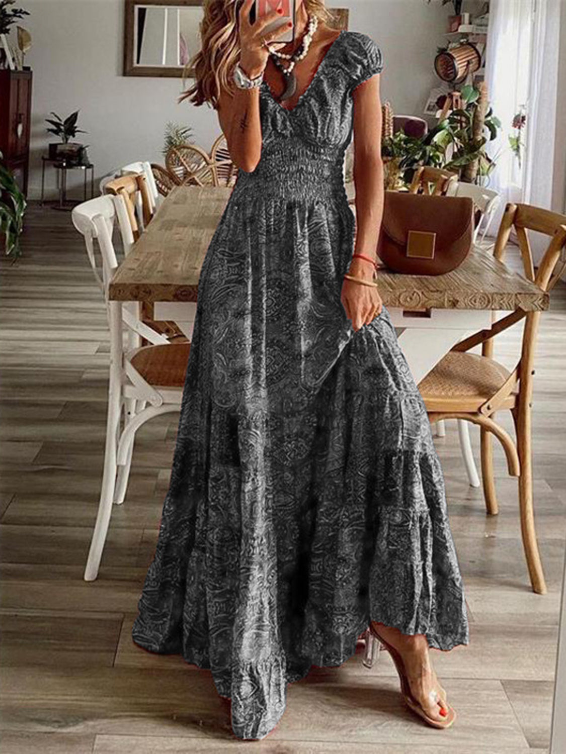 SMOCKED PRINTED V-NECK SHORT SLEEVE DRESS