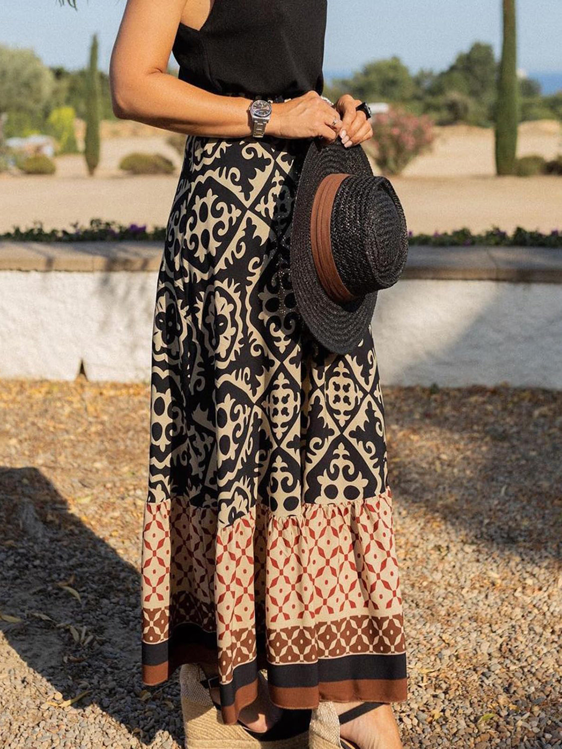 GEOMETRIC ELASTIC WAISTBAND MAXI SKIRT