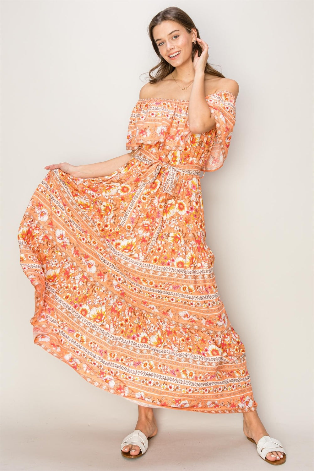 HYFVE FLORAL OFF THE SHOULDER TIE FRONT MAXI DRESS