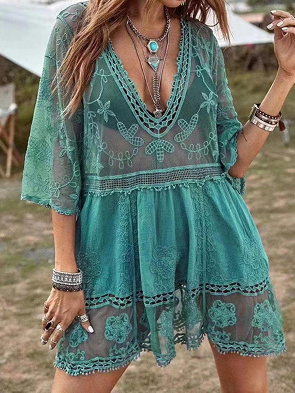 LACE DETAIL PLUNGE COVER-UP
