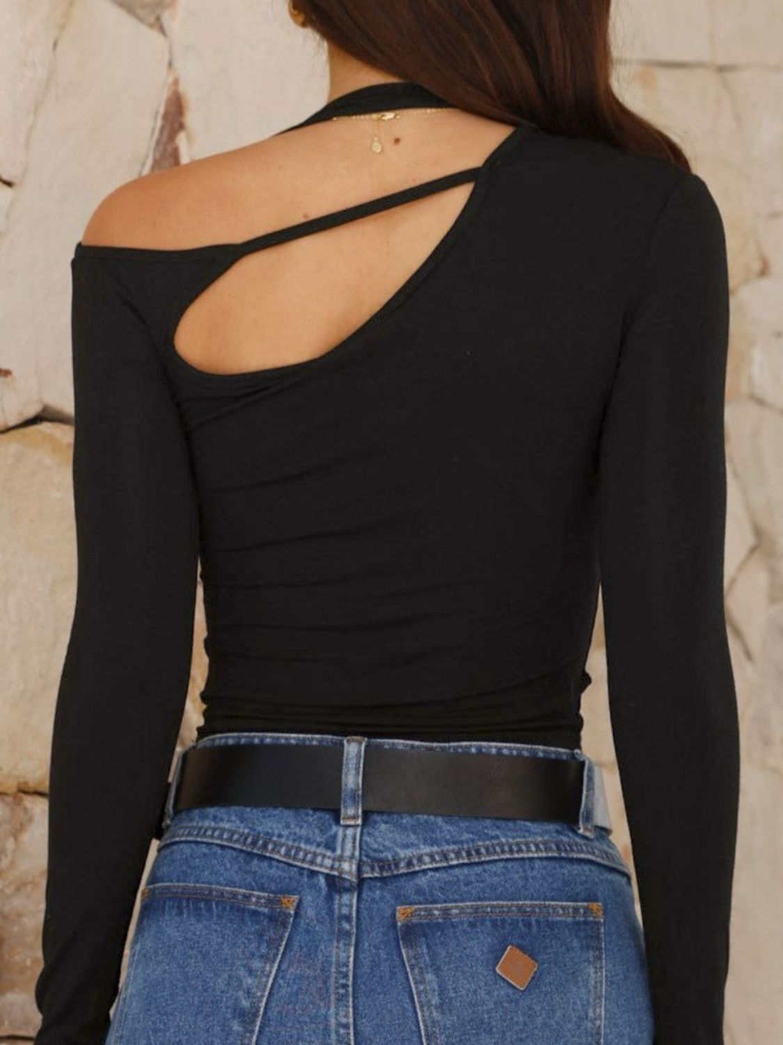 CUTOUT ASYMMETRICAL NECK LONG SLEEVE TOP