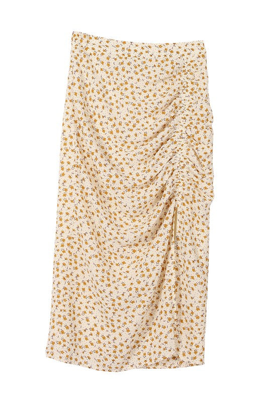 RUCHED MIDI PRINT SKIRT
