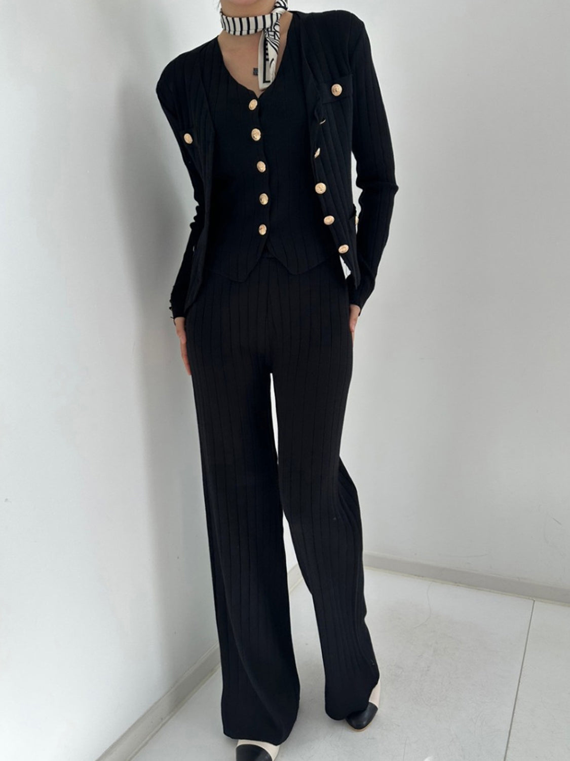 THREE PIECE VEST CARDIGAN AND PANTS SET