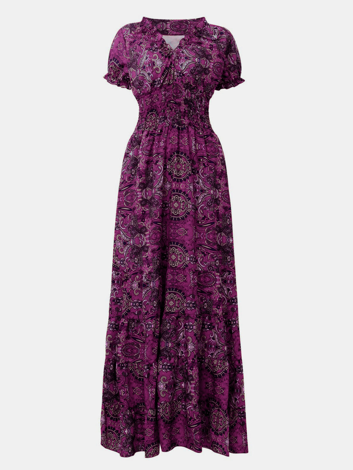 SMOCKED PRINTED V-NECK SHORT SLEEVE DRESS