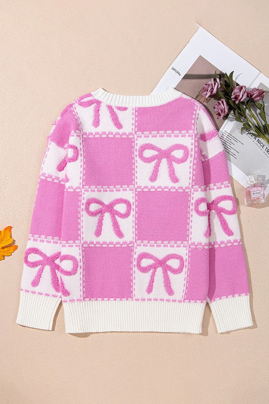 PINK BOW KNOT TWO TONE CHECKERED CREW NECK SWEATERS