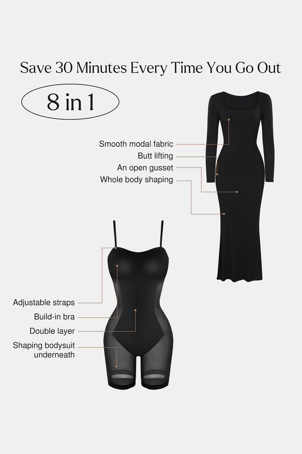 BASIC BAE BUILT-IN Shapewear SQUARE NECK LONG SLEEVE MAXI DRESS