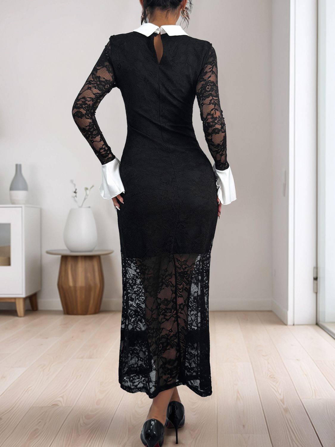 PERFEE LACE CONTRAST COLLARED NECK LONG SLEEVE MAXI DRESS