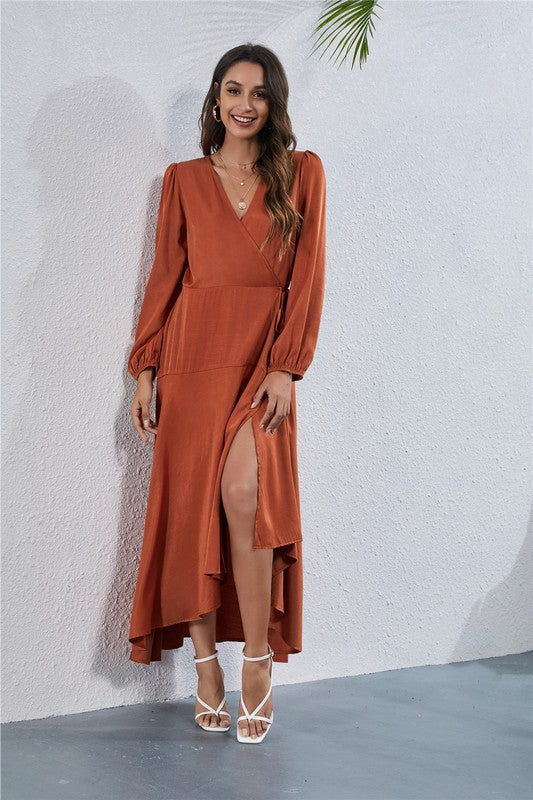 V NECK LONG SLEEVE MAXI DRESS
