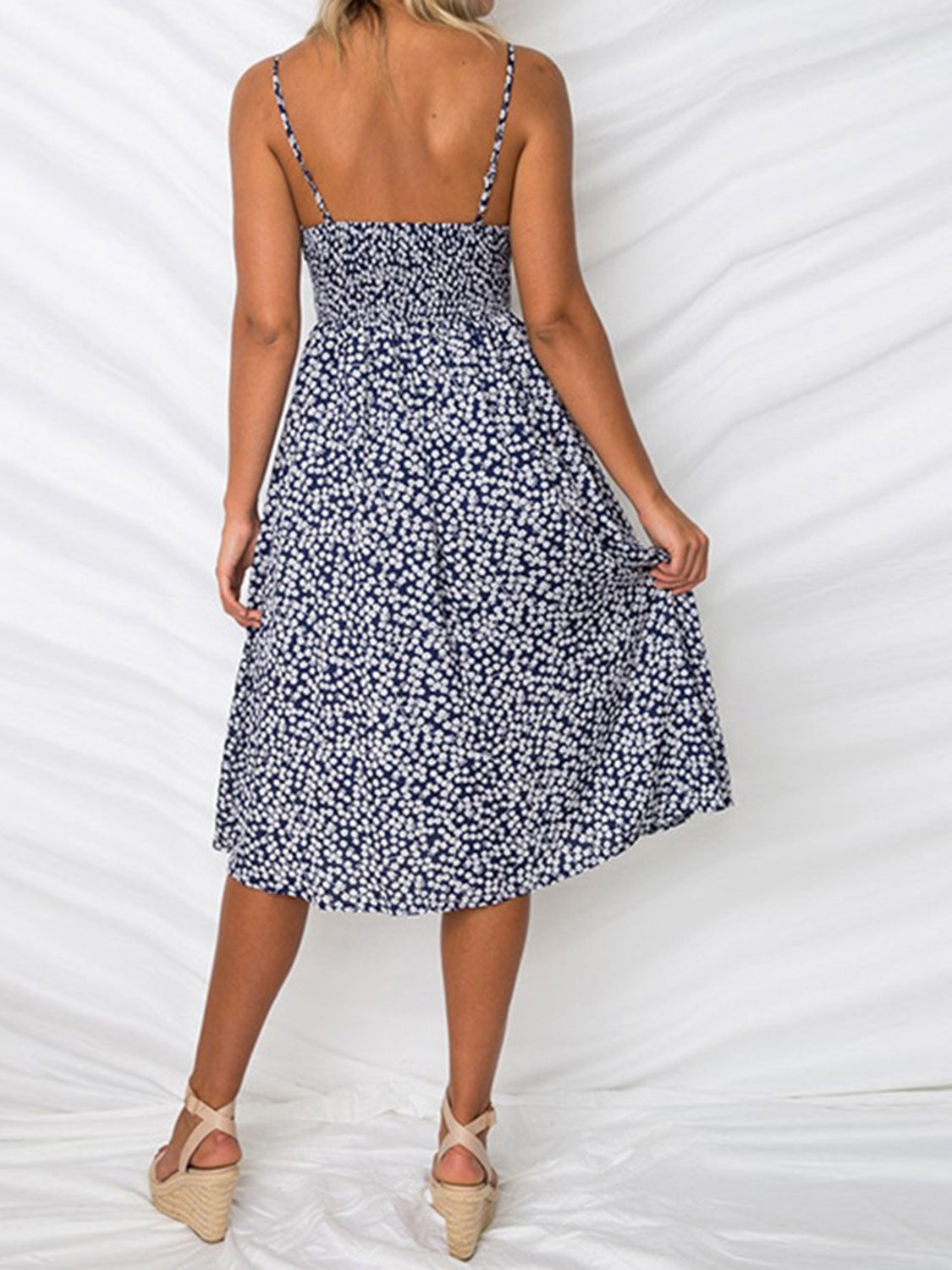 CUTOUT SMOCKED SWEETHEART NECK CAMI DRESS
