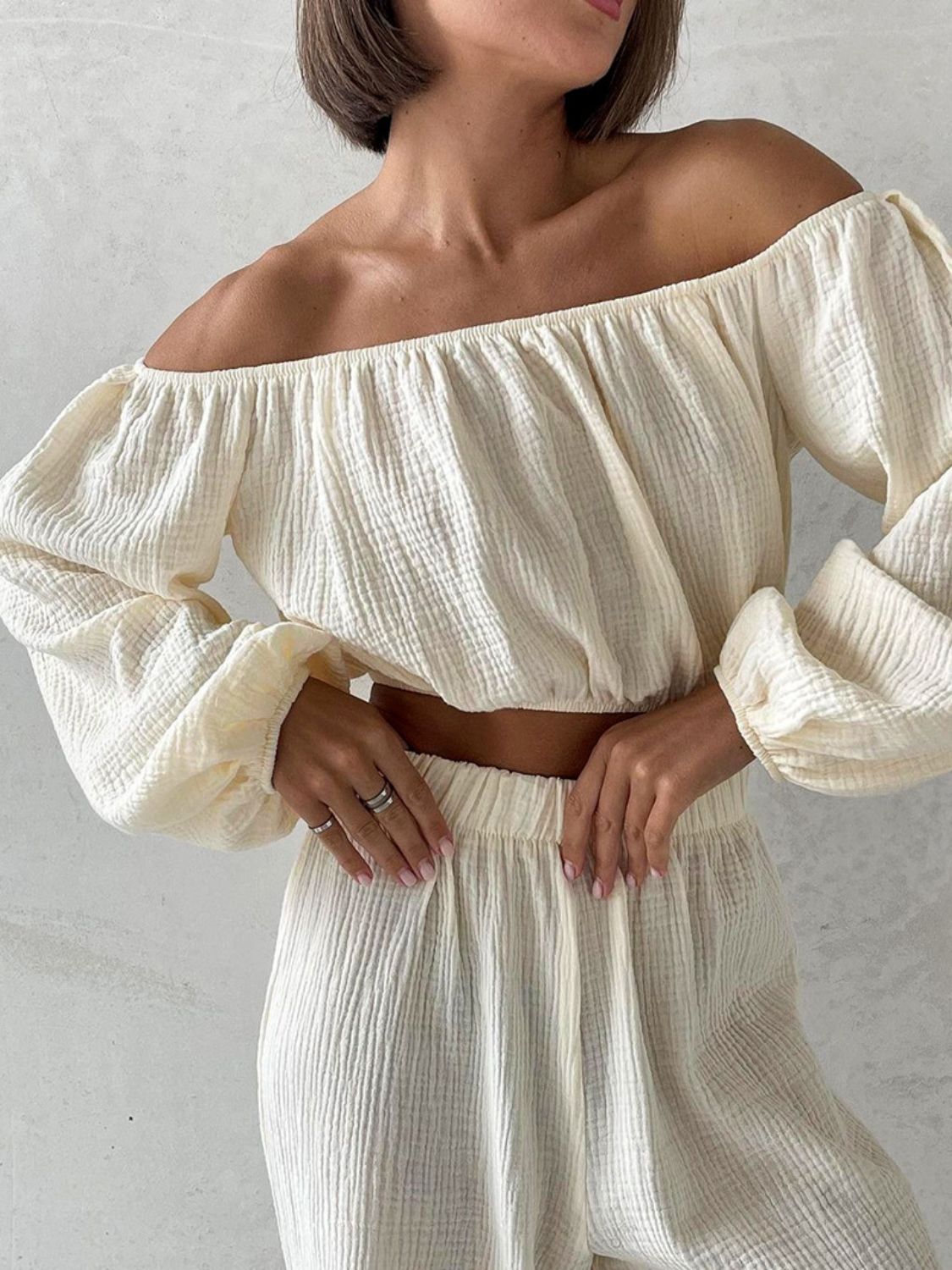 OFF THE SHOULDER LONG SLEEVE TOP AND PANTS SET