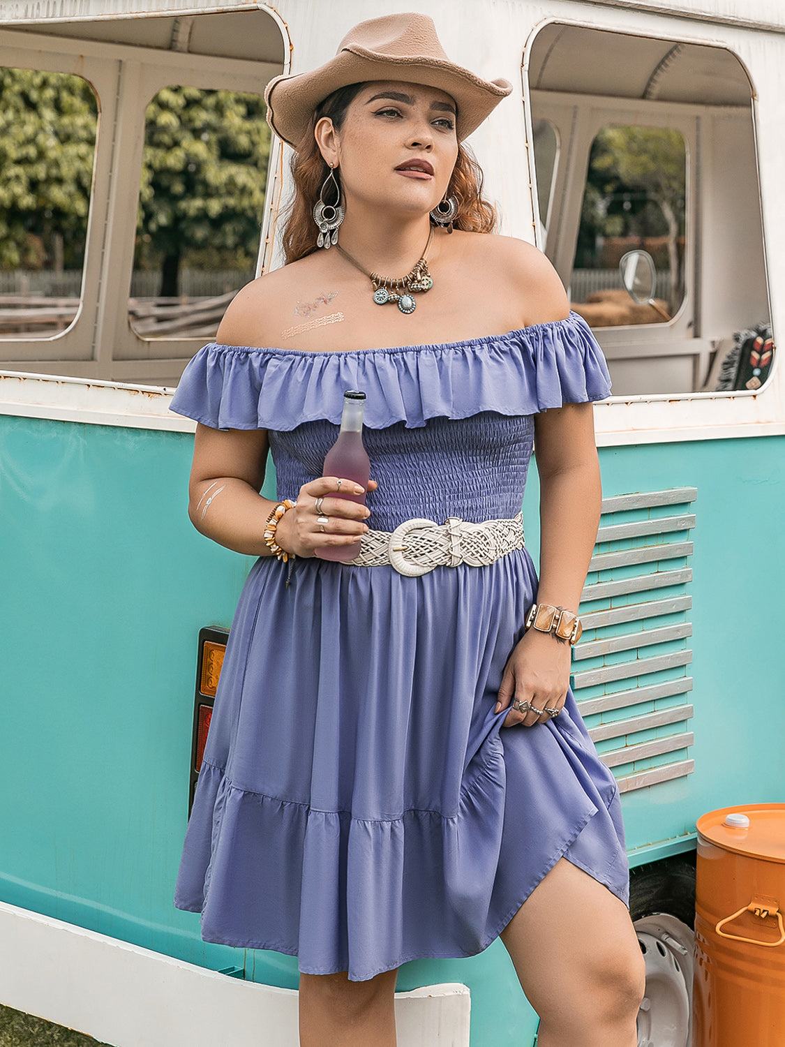 PLUS SIZE RUFFLED SMOCKED OFF THE SHOULDER MINI DRESS