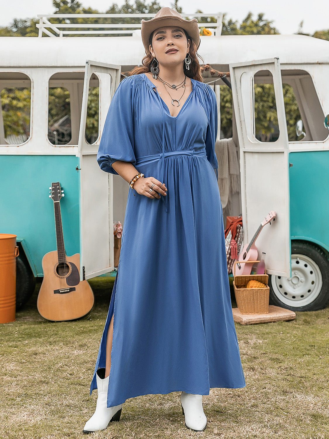 PLUS SIZE RUCHED THREE-QUARTER SLEEVE MAXI DRESS
