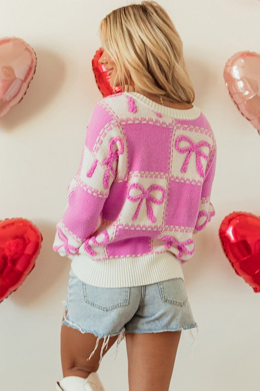 PINK BOW KNOT TWO TONE CHECKERED CREW NECK SWEATERS