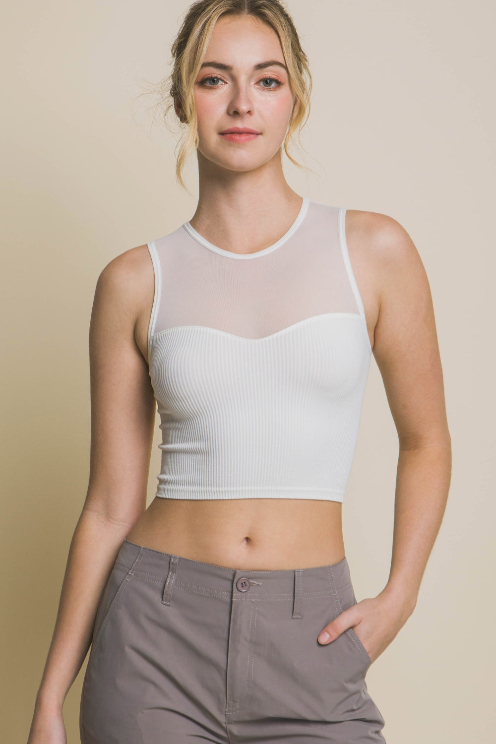 LOVE TREE ROUND NECK RIBBED CROPPED MESH TANK