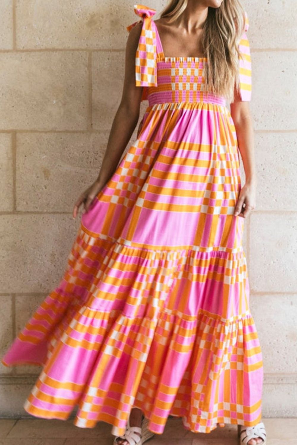 PRINTED SHOULDER TIE TIERED DRESS