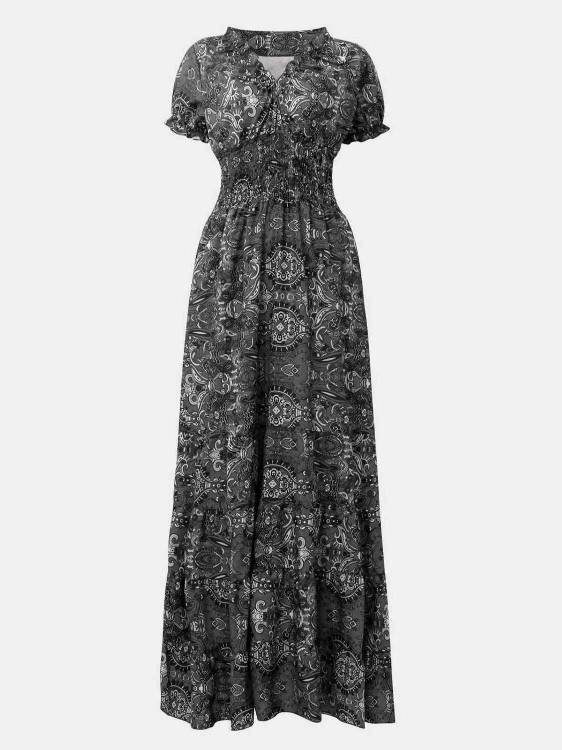 SMOCKED PRINTED V-NECK SHORT SLEEVE DRESS