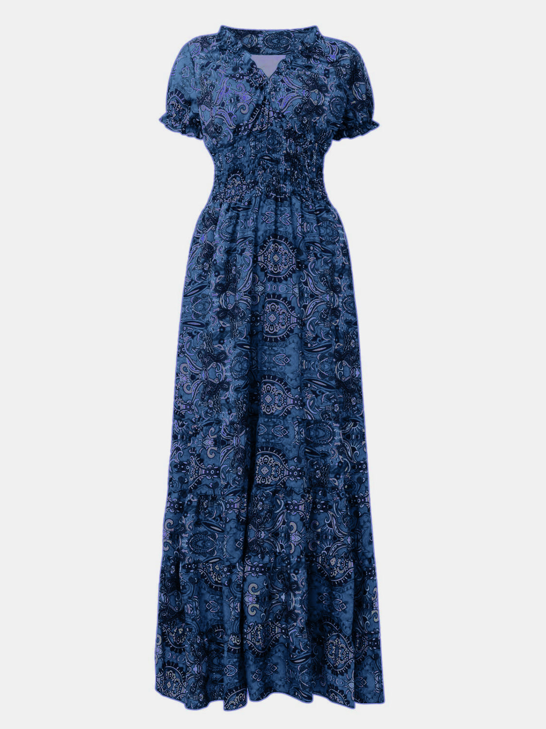 SMOCKED PRINTED V-NECK SHORT SLEEVE DRESS