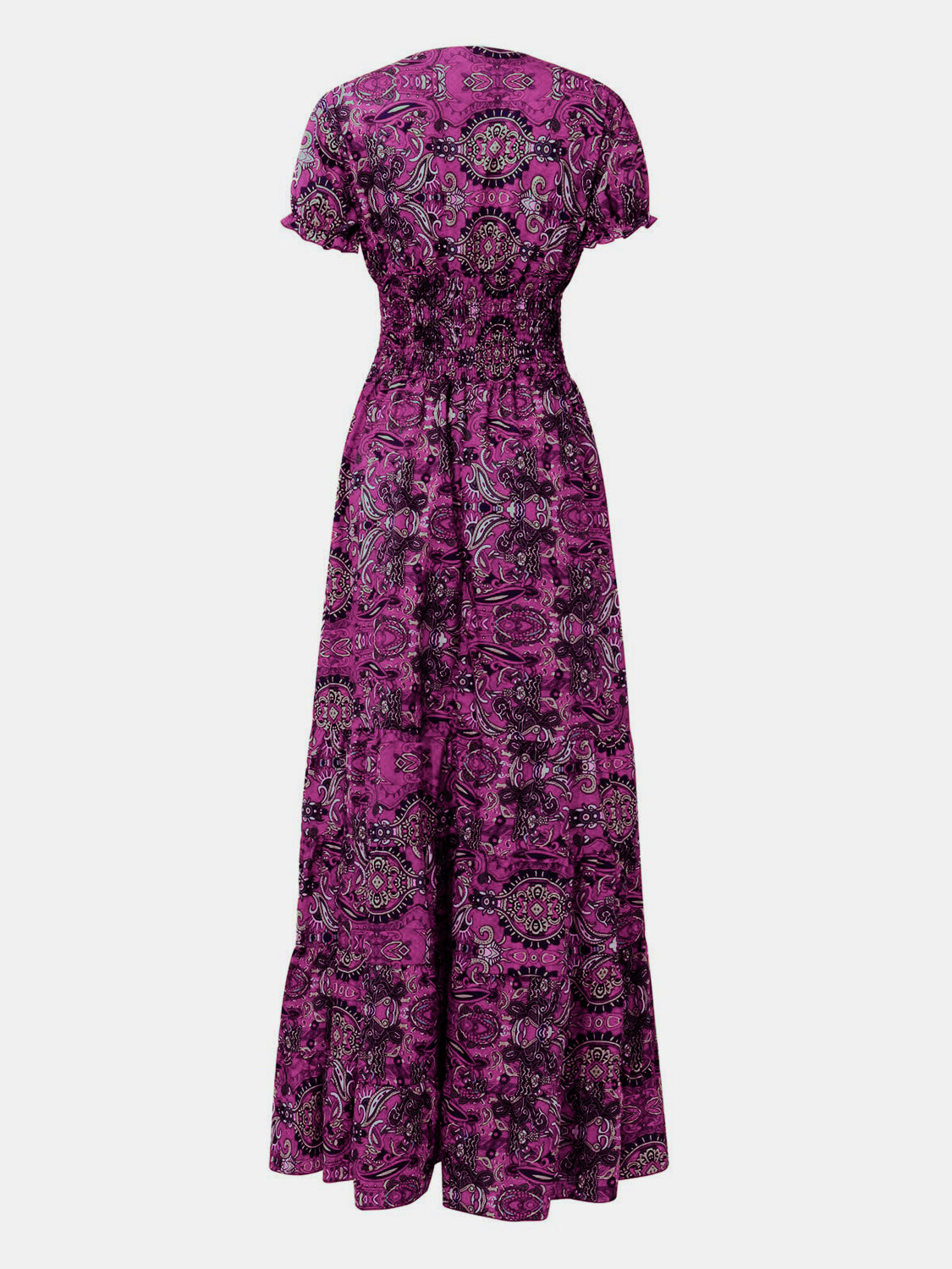SMOCKED PRINTED V-NECK SHORT SLEEVE DRESS