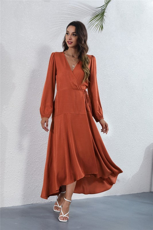 V NECK LONG SLEEVE MAXI DRESS