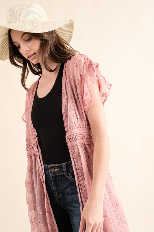 CHIFFON EMBROIDERY LACE KIMONO DUSTER COVER-UP