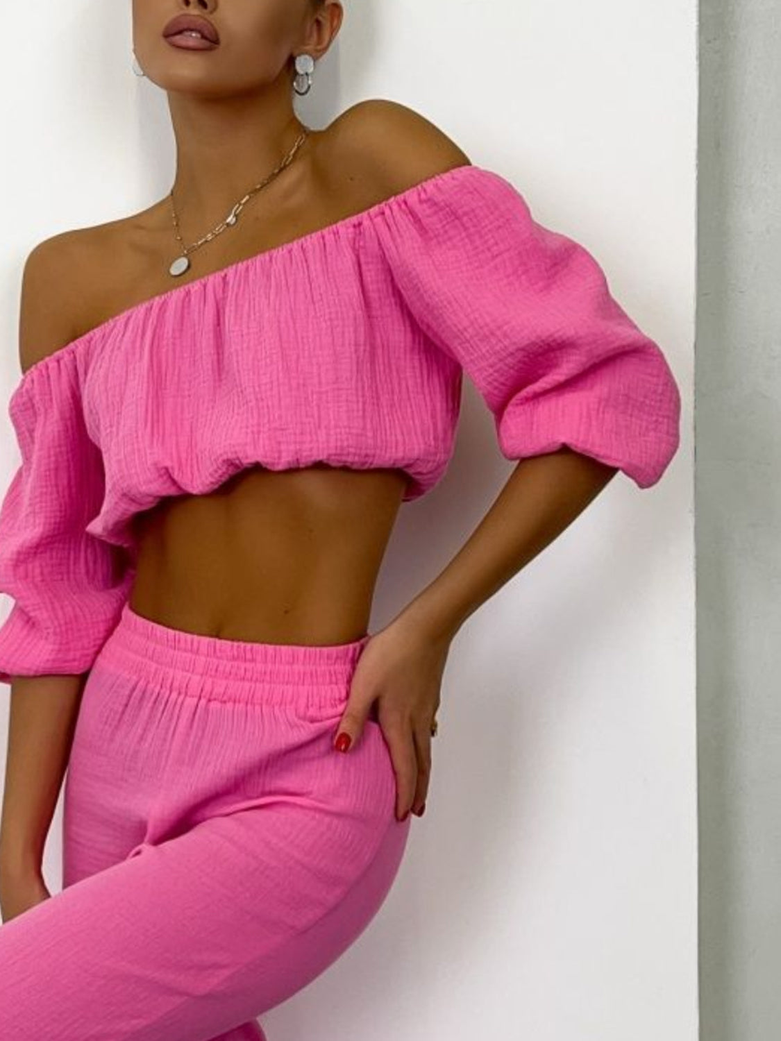 OFF THE SHOULDER LONG SLEEVE TOP AND PANTS SET